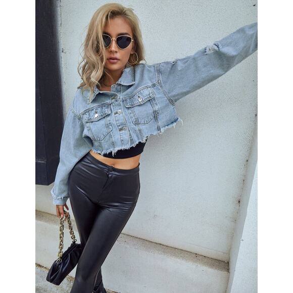 Frenchy Cropped Raw Hem Distressed Light Blue Denim Jacket Jean Plus 3XL Shein - Picture 16 of 16